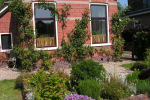 Dorpstuin met verhoogde plantbakken en appelbomen